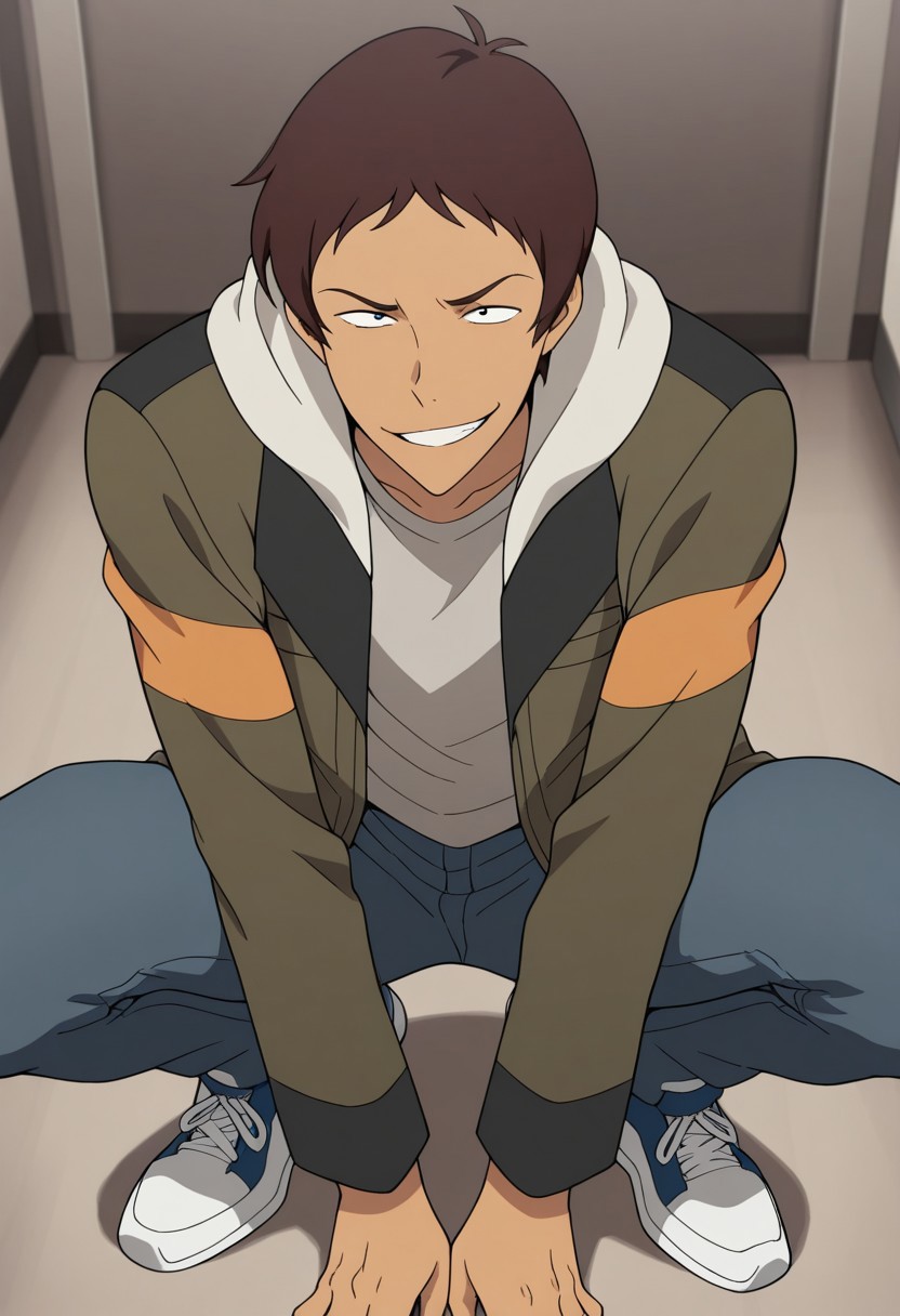 masterpiece,best quality,amazing quality, source_anime, 
lanciuv, 1boy, 1boy, male focus, solo, dark skin, dark-skinned male, brown hair, forehead, shirt, grey shirt, jacket, green jacket, hood, open jacket, pants, denim, shoes, sneakers, smile, grin, portrait, squatting,