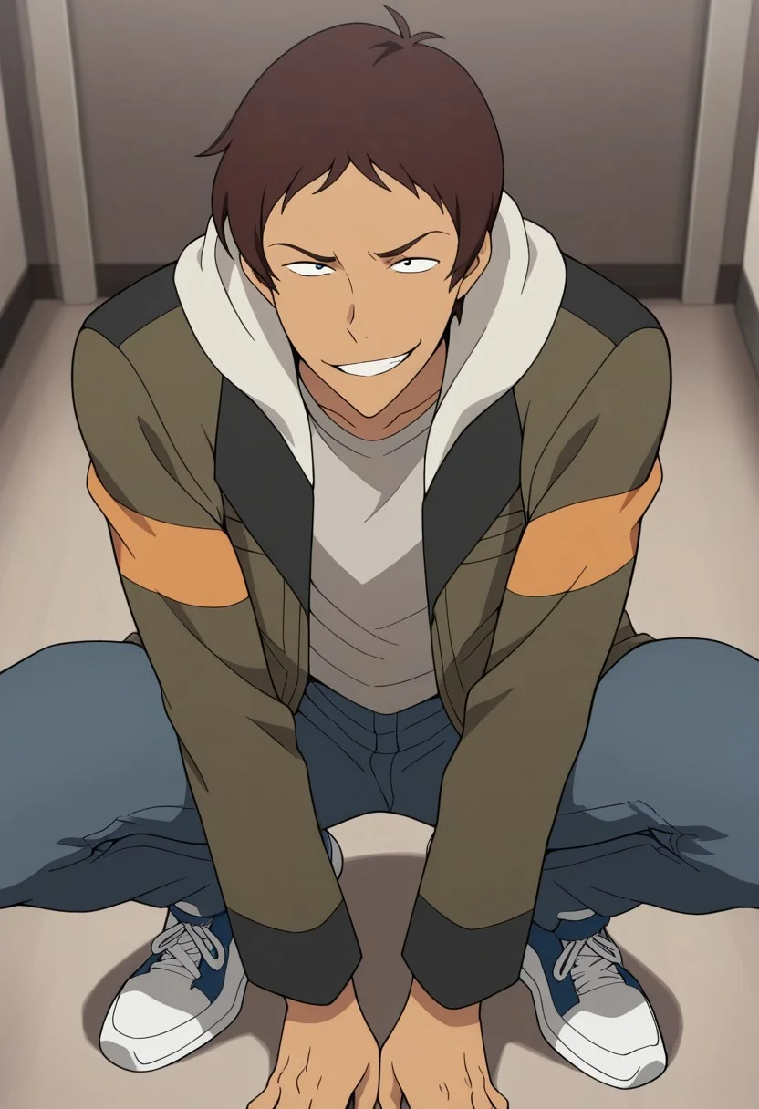 masterpiece,best quality,amazing quality, source_anime,
lanciuv, 1boy, 1boy, male focus, solo, dark skin, dark-skinned male, brown hair, forehead, shirt, grey shirt, jacket, green jacket, hood, open jacket, pants, denim, shoes, sneakers, smile, grin, portrait, squatting,