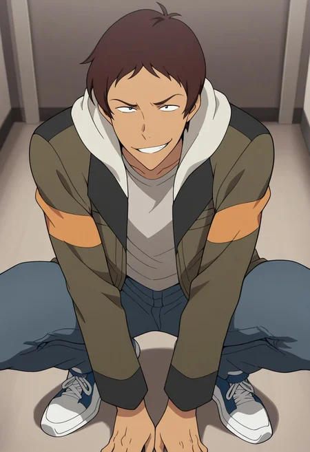 masterpiece,best quality,amazing quality, source_anime,
lanciuv, 1boy, 1boy, male focus, solo, dark skin, dark-skinned male, brown hair, forehead, shirt, grey shirt, jacket, green jacket, hood, open jacket, pants, denim, shoes, sneakers, smile, grin, portrait, squatting,