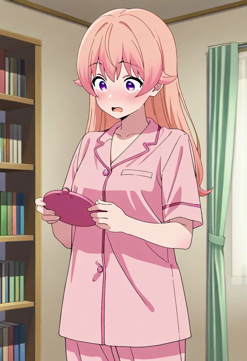 masterpiece,best quality,amazing quality, wakatsuki nico, long hair, light pink hair, purple eyes, 1girl, solo, pajamas, indoors, curtains, bookshelf, open mouth, pink pajamas, collarbone, holding, pink shirt, short sleeves, blush
