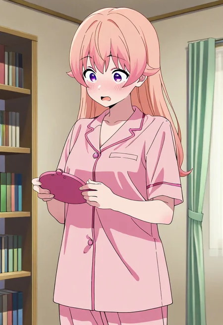 masterpiece,best quality,amazing quality, wakatsuki nico, long hair, light pink hair, purple eyes, 1girl, solo, pajamas, indoors, curtains, bookshelf, open mouth, pink pajamas, collarbone, holding, pink shirt, short sleeves, blush