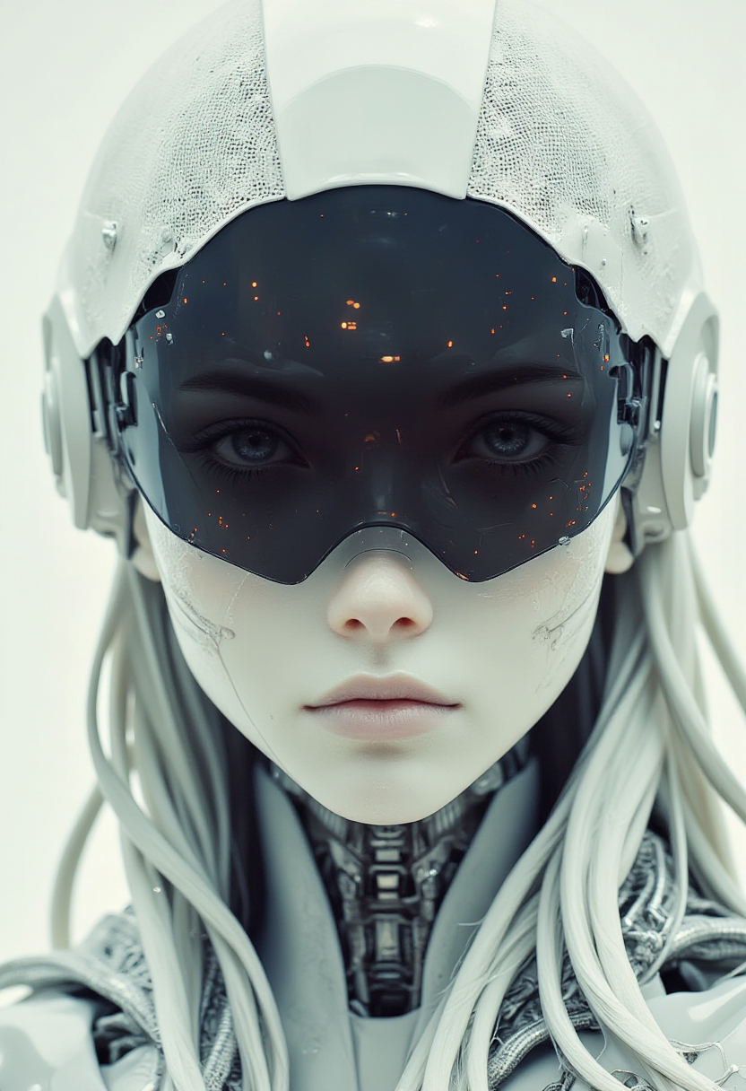 Recypu style,close up of futuristic robotic female, long hair, white skin, sleek opaque reflective black visor, white background
