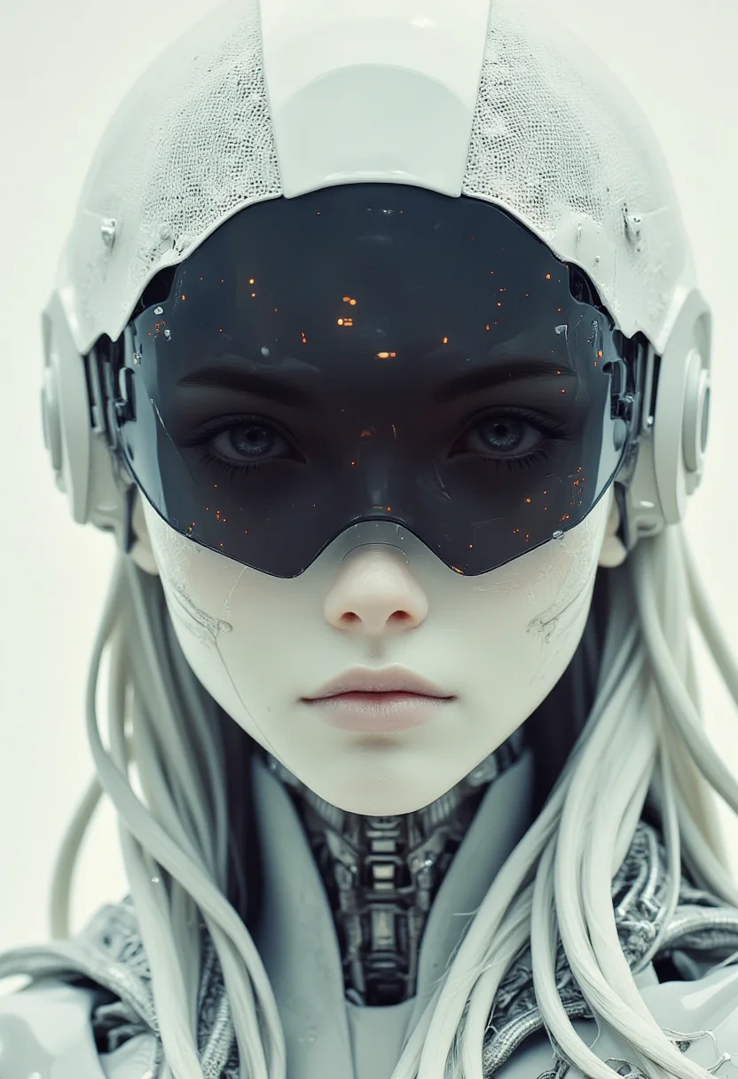 Recypu style,close up of futuristic robotic female, long hair, white skin, sleek opaque reflective black visor, white background
