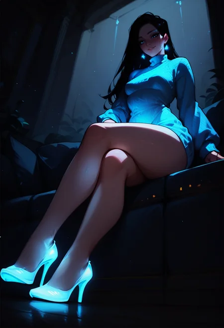 score_8_up, adult woman, looking at viewer, small breasts, seductive smile, sweater dress, thighs, sitting, from below, glowing high heels, blue high heels, black hair
<lora:GlowingNoct:1>