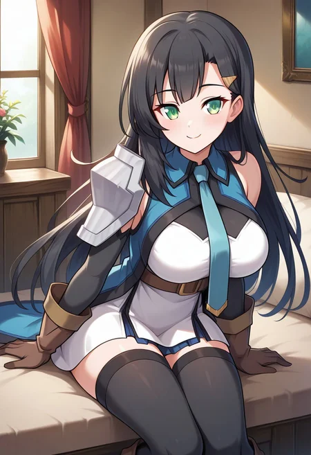 1girl, Lia-Liver020-Wattpad, solo, black hair, long hair, blue tie, necktie, detached sleeves, bangs, green eyes, brown gloves, bare shoulder, brown boots, hair ornament, ornaments, shoulder pad, black stockings, long stockings, white dress, brown belt, blue tunic, blue skirt, thighs, large breasts, milf, cute smile
