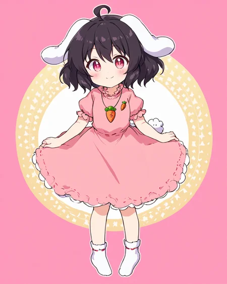 inaba tewi,1girl, solo, carrot_necklace, pink_dress, rabbit_tail, smile, blush, full_body, looking_at_viewer, simple_background, ahoge, rabbit_girl, socks, pink_background, closed_mouth, puffy_short_sleeves, carrot
<lora:inaba_tewi_image5751_2023-12-14-000008:1>,star-shaped_pupils,symbol-shaped_pupils,. gorgeous,key visual, vibrant, studio anime,award-winning, professional, highly detailed,high budget, cinemascope