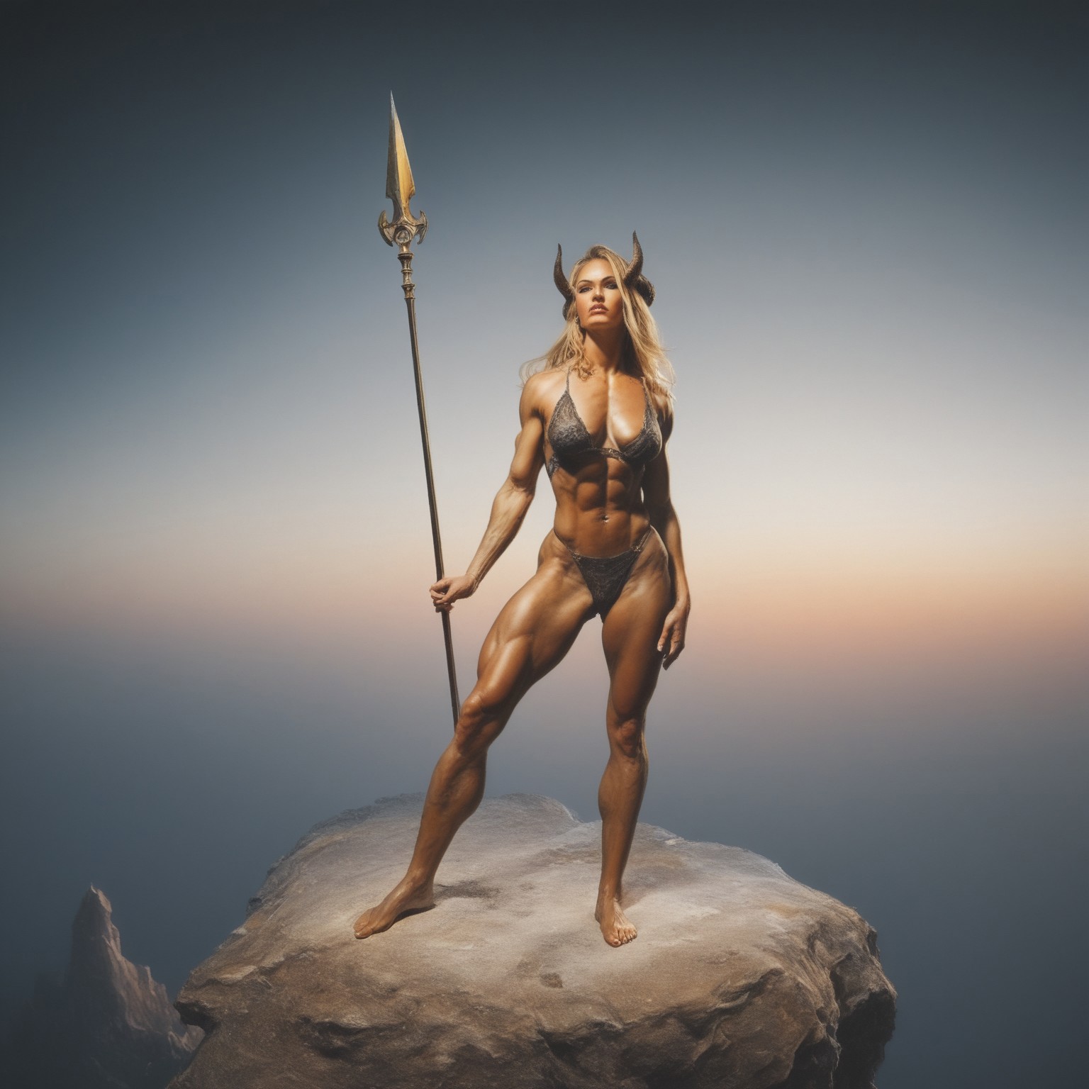 safe_pos, Fantasy oil painting, boris_style, best quality masterpiece 4k illustration, uncensored prefect lighting rating_explicit very aesthetic, 1girl ,long hair, blonde hair, 1weapon polearm, barefoot muscular horns solo monster spear abs busty nsfw nude, traditional media, score_9_up, score_8_up, score_7_up, abstracted background, magical, dramatic clouds, dream like background