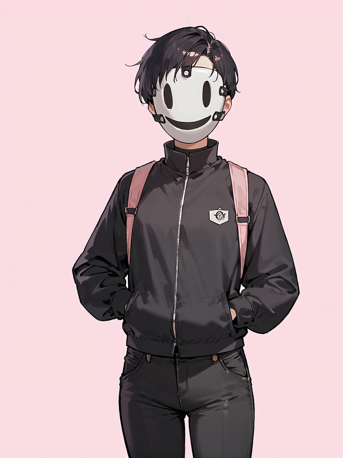 score_8_up, score_7_up, score_6_up, source_anime, 1girl, solo, simple background, pink background,
standing, pose, contrapposto, cowboy shot, facing viewer
 mask,  
black pants, black shirt
 <lora:Smiling_Mask-000004:1>