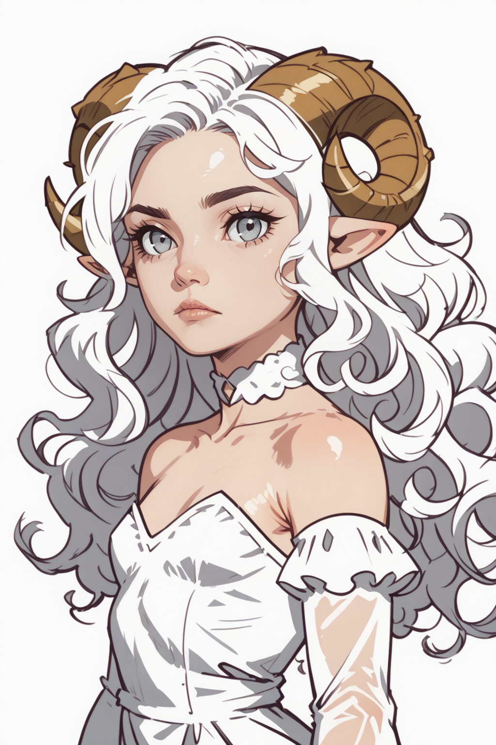1girl, horns, solo, long hair, pointy ears, looking at viewer, white hair, bare shoulders,, upper body, sheep horns, lips, grey eyes, dress, choker, curled horns, wavy hair, breasts, hair ornament, detached sleeves, closed mouth, white dress, nose, from side, sheep girl, expressionless, blonde hair, flower, eyelashes, small breasts, see-through, blue eyes, looking to the side, hair flower, strapless dress, demon girl, white theme,
 (lineless, vector art:1)  <lora:vector_lora:1> <lora:COMMIX_r1:1> commix style