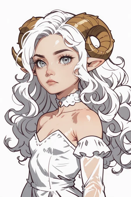 1girl, horns, solo, long hair, pointy ears, looking at viewer, white hair, bare shoulders,, upper body, sheep horns, lips, grey eyes, dress, choker, curled horns, wavy hair, breasts, hair ornament, detached sleeves, closed mouth, white dress, nose, from side, sheep girl, expressionless, blonde hair, flower, eyelashes, small breasts, see-through, blue eyes, looking to the side, hair flower, strapless dress, demon girl, white theme,
(lineless, vector art:1) <lora:vector_lora:1> <lora:COMMIX_r1:1> commix style