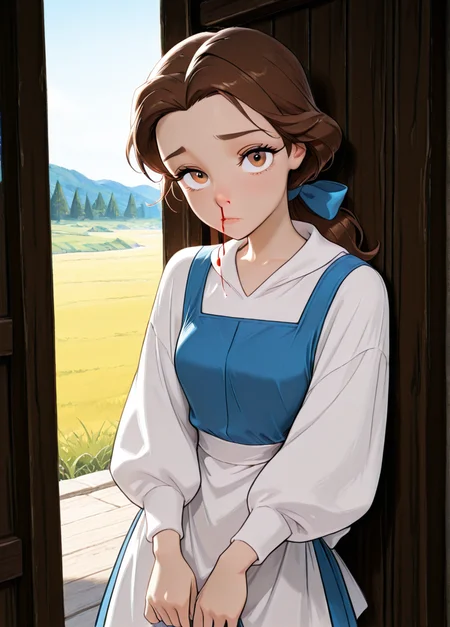 masterpiece, best quality, amazing quality, very aesthetic, absurdres, newest, 4k, 8k, dynamic angle, official style, sugimorixd, outdoors,
1girl, solo, blue dress, looking at viewer, long hair, brown hair, brown eyes, bellexd, low ponytail, white apron, long sleeves, blue hairbow,
nosebleed,
<lora:Expression_Detailer_Illustrious_Lora:1>, ,<lora:sugimoi:1> <lora:Bella:1>