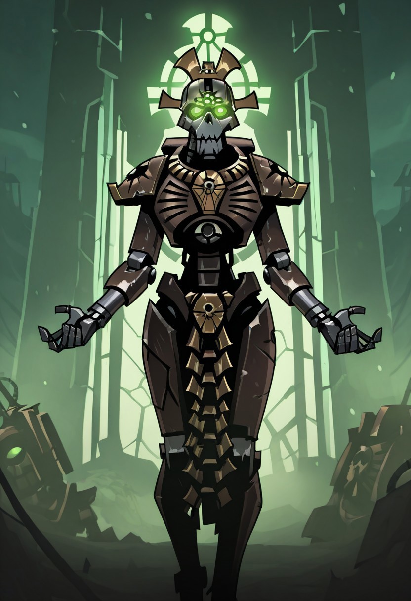 masterpiece, best quality, <break> , solo, 1other, (((necron))), (((glowing))), (((robot))), (((green eyes))), ((warhammer 40000))), 
 looking at viewer, standing, 
(((vanripper))), 
<lora:VanripperIllustriousXL_byKonan:1>