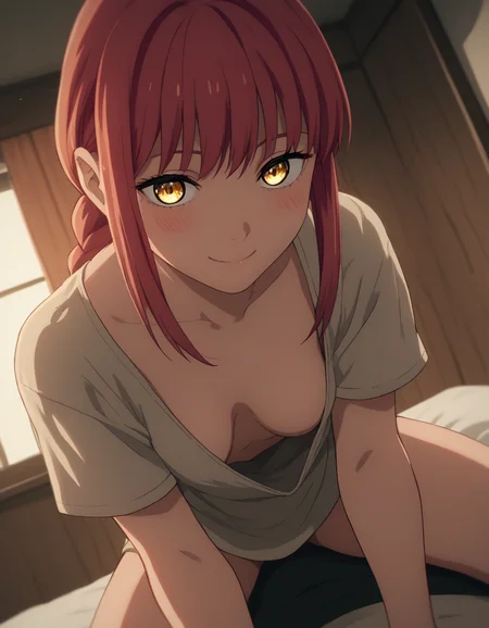 score_9, score_8_up, score_7_up, source_anime, <lora:chainsaw-man-makima-s1-ponyxl-lora-nochekaiser:1> makima, long hair, smile, bangs, yellow eyes, braid, red hair, braided ponytail, ringed eyes, medium breasts,, <lora:downblouse-ponyxl-lora-nochekaiser:1>, downblouse, breasts apart, extended downblouse, girl on top, shirt, straddling,, bedroom, smile, blush, looking at viewer, straight-on,, solo, dutch angle,