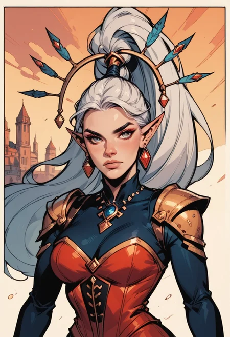 score_9, score_8_up, score_7_up, zPDXL3, PnyCmicXLPOS, detailxl, commix_style, OverallDetail, western cartoon, ((1girl, solo, yvraine, long hair, jewelry, very long hair, ponytail, white hair, earrings, pointy ears, vest, shoulder armor, jewelry, black vest, red skirt)),
eyeshadow, slim-thick body, detailed face, textured skin, masterpiece, intricate clothing, medieval fantasy clothes, sheer clothing, dress, (cleavage), apart breasts, large breasts, tiny waist, wide hips, slender figure, fantasy city streets, evening, sunset light, PaintedComicstyleV1, sexy pose, slutty, flirty gaze