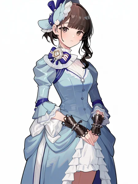 1girl,solo,simple background,white background,cowboy shot,looking_at_viewer,,wuseyue(suit),blue dress,<lora:wuseyue-000014:1>, masterpiece, best quality, very aesthetic, absurdres,newest, incredibly absurdres,