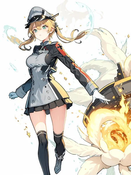 prinz eugen \(kancolle\), peaked cap, gloves, uniform, white gloves, kneehighs, anchor hair ornament, military, black skirt, pleated skirt, iron cross, military uniform, over-kneehighs, black thighhighs, long sleeves, microskirt, low twintails, green eyes, breasts, military hat, miniskirt, short hair, <lora:PrinzEugenFullTag1-000007:1> <lora:standingFullBodyWithBackgroundStyle_v10Offset:1>, (white background:1.3) , full body, standing,, masterpiece, best quality, highres, absurdres,, {{{half closed eyes}}}, hairs between eyes, (floating cloud:1.2), Dove of peace,beautiful detailed white gloves, (beautiful detailed eyes), burning, smoke of gunpowder, a cloudy sky,Fire cloud, fire, red moon, Beautiful and detailed explosion,Floating ashes,flower,beautiful detailed glow, illustration