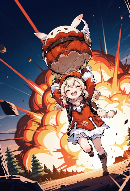 masterpiece,Himehajime,
1girl,klee,hat,backpack, hands above head,holding 1red_bomb,dodoco,running,smiling,laughing,dynamic angle,wind up,outdoors,forest,hilichurls camp,debris,explosions in the background,nuclear_explosion,explosion:dodoco,dodoco shape explosion,
,depth of field,best quality,amazing quality,intricate details,volumetric lighting, ambient occlusion, raytracing, scenery,very aesthetic, high resolution, ultra-detailed, absurdres, newest ,
, <lora:Himehajime:0.9> ,<lora:add-detail-xl:1>,