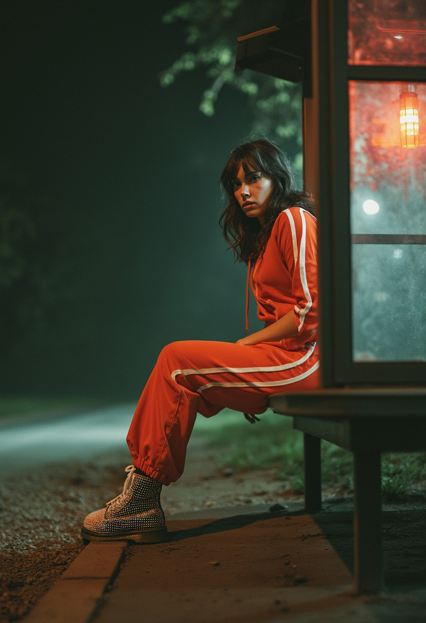 snapshot of a woman wearing a flashy tracksuit and rhinestone covered Doc Martens sitting at a lonely bus stop at a deserted road at night with woods in the background, gritty, woman looking down at the camera, film grain