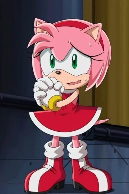feminine, masterpiece, best quality, newest, absurdres, highres, amy rose, furry female, white-trimmed red dress, green eyes, white-yellow gloves, boots, socks, tail, nervous, sweating, clasped hands,
BREAK
dynamic background, <lora:Amy_Rose_Pony:1>