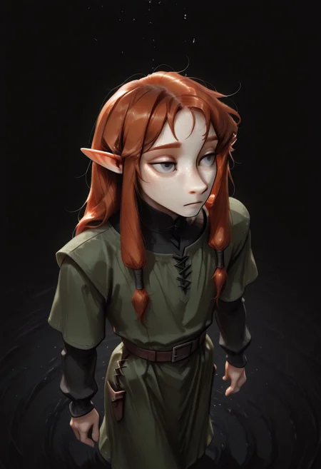 1person, (Lapanya), Malgha, freckles, 2 strands of hair sticking up, pointy ears, Long-sleeve black shirt, green tunic,
high angle, looking around, floating, wrleightless,
Black background, void background, empty space background,
Source: semi-realistic