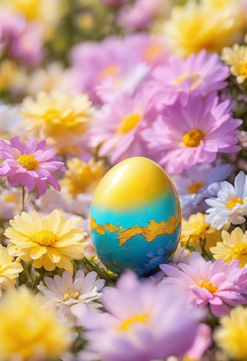 yellow Easter egg embodying the concept of rebirth, cracked surface revealing emerging, pastel colors dominate the scene, backlight casting a heavenly glow, nestled in a bed of vibrant spring flowers, soft-focus background, bokeh effect, natural light, ultra-fine details, digital painting.