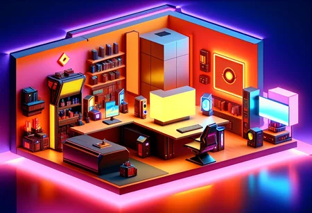 an extremely detailed isometric scene of nxzskzt, isometric cutaway, indoors, cyberpunk themed home office in the year 2024, 3d, isometric view, octane render, neon lighting, isometric miniature, 3d scene, cinematic lighting, extremely detailed, ultra HD, desktop wallpaper, 128k, neon theme, masterpiece, best quality, (lumenarium)