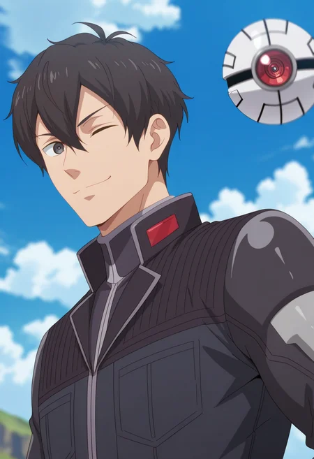 masterpiece, best quality, amazing quality,high resolution,intricate details,official style,depth of field,anime screencap , , , 1boy, solo, male focus,  <lora:Leon_Fou_Bartfort:0.73>,leon fou batfort,black hair,black eyes,short hair,looking at viewer,confident, gloves,wink, hair between eyes, jacket, upper body, outdoors,sky, day, cloud,pilot suit, black jacket,white robot,like,small ball,red lens,artificial,blue sky,cloudy sky,from side