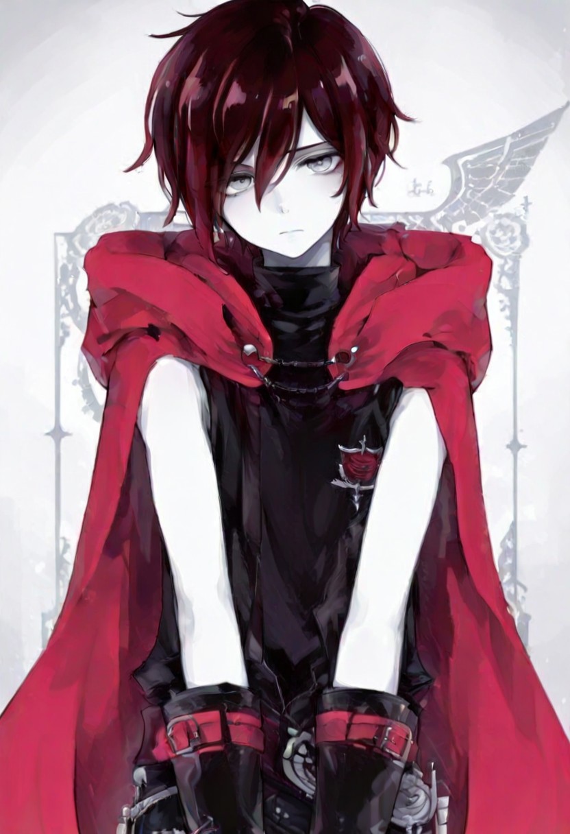 Solo , 1 boy , score_9, score_8_up, score_7_up, score_6 ,Garnet_Rose , Garnet_BroRose, dark red hair white skin , grey eyes , red cape , black clothes , black boots , front view , upper body focus , upper body only