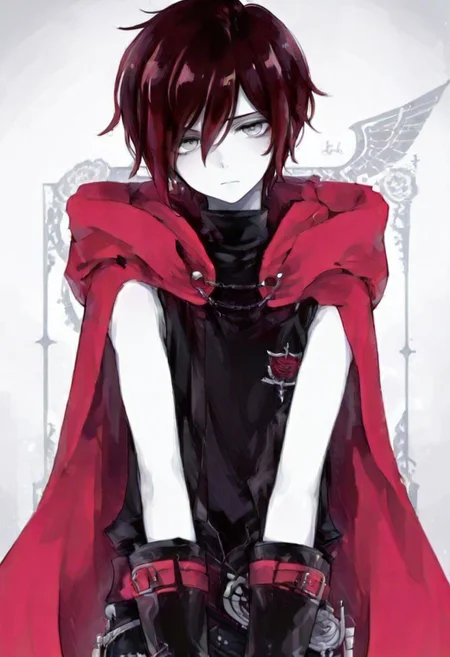 Solo , 1 boy , score_9, score_8_up, score_7_up, score_6 ,Garnet_Rose , Garnet_BroRose, dark red hair white skin , grey eyes , red cape , black clothes , black boots , front view , upper body focus , upper body only