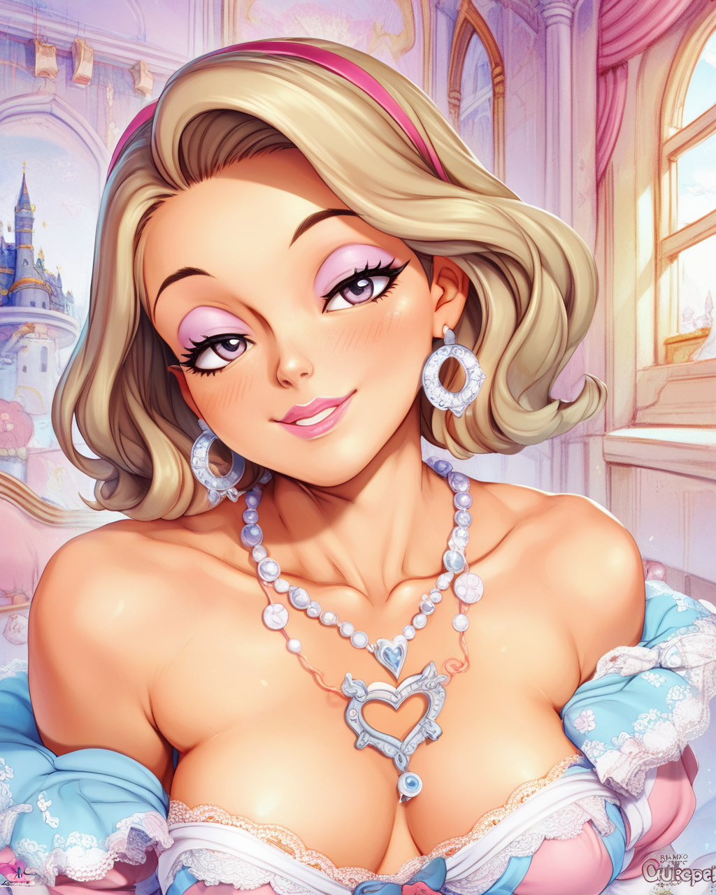 score_9, score_8_up, score_7_up, zPDXL3, zPDXLxxx, uncensored, BREAK, <lora:ctpt_v1t1pnyez:1> ctpt, 1girl, hetero, lips, head tilt, breasts, blush, lips, makeup, lipstick, eyeshadow, eyelashes, eyeliner, mascara, collarbone, lace trim, bow, necklace, undersized clothes, hoop earrings, indoors, castle, smile