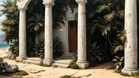 A coastal colonial estate with white pillars, where palm trees sway in the warm breeze,, Global illumination,, elegant, luxurious, digital painting, concept art, smooth, sharp focus, from Star Trek 2021, illustration, by WLOP and Ruan Jia and Mandy Jurgens and William-Adolphe Bouguereau, Artgerm  <lora:xl_more_art-full_v1:0.8>  <lora:EnvyFeverDreamXL01a:0.7>   <lora:The_Classic:0.8>