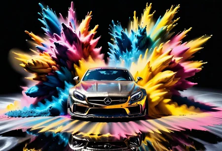 GOLD LIQUID METAL sports car, race car, racing through SILVER LIQUID METAL, liquid metal sprays up from the cars tyres, Car drifting in a black void, huge Colorful Powder Explosion above the car