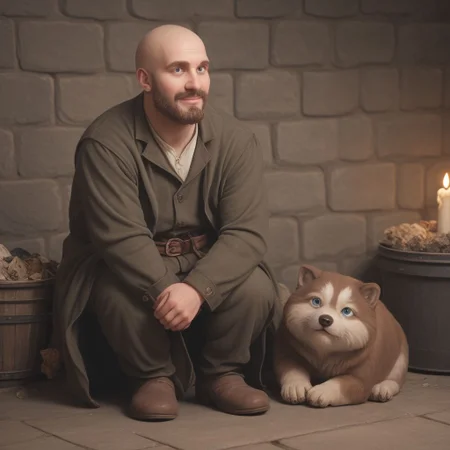 score_9, score_8_up, score_7_up, 8k, (very detailed), medieval tapestry style, high detailed texture, high depth of field, photo-realistic, bald male, (((trash Hobbit))), (hobbit), ((traveling merchant in video game)), enchanted, medieval setting, very detailed, candle lighting, a shaved head. no hair on top of head, husky, has a (((beard similar to Abe Lincoln))) ((without a mustache)) but a Nordic face. The beard does not cover the prominent dimples on his cheeks. deep blue eyes, framed by long eyelashes. His cheeks are adorned with big dimples. Full body, (Gnome, short stature), Perfect Hands, perfecteyes, trashpeople