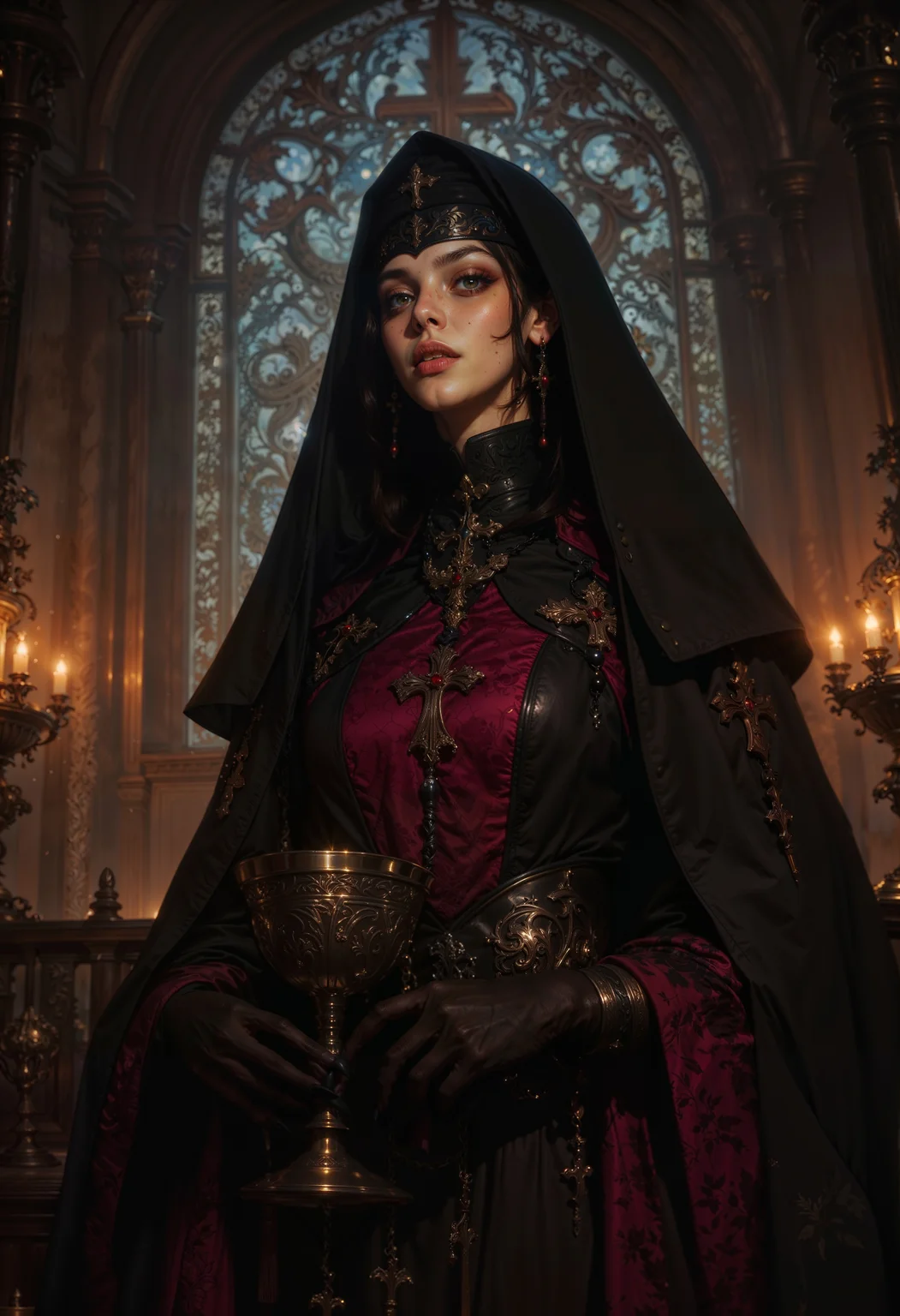 Inside the dimly lit chapel, a nun stands before the flickering candles, her presence both reverent and unnervingly magnetic. Her flowing black and deep crimson habit clings elegantly to her form, adorned with intricate lace and faintly shimmering crosses. Her pale face is framed by a dark veil, and her piercing, storm-gray eyes seem to peer into the soul. Around her neck, a rosary of obsidian beads gleams faintly, and in her delicate hands, she clutches an ornate silver chalice that seems to emit a faint, crimson glow. The shadows of the chapel stretch unnaturally around her, as if drawn to her presence, and the faint scent of incense mingles with something darker, more forbidden. Despite her serene demeanor, an air of danger lingers, as though her prayers could summon salvation or damnation with equal fervor.