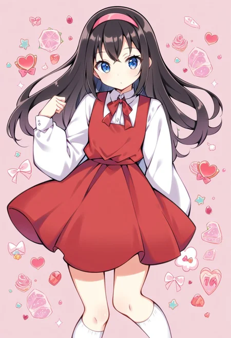score_9, score_8_up, score_7_up, <lora:Smooth Style LoRA XL:0.4>, 1girl, solo, long hair, dress, hairband, long sleeves, socks, shirt, black hair, red hairband, white shirt, looking at viewer, white socks, red dress, pink hairband, sleeveless dress, pinafore dress, standing, ribbon, neck ribbon, kneehighs, puffy sleeves, pink dress, bow, puffy long sleeves, blue eyes, cowboy shot, closed mouth