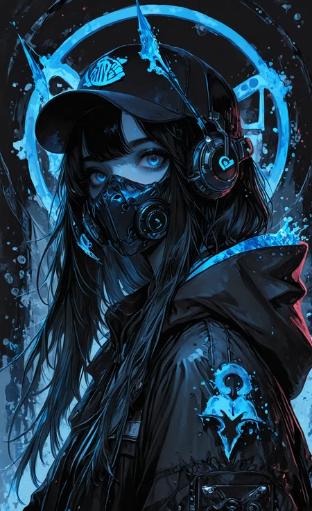 1girl, solo, long hair, looking at viewer, blue eyes, black hair, hat, jacket, upper body, hood, mask, headphones, hood down, baseball cap