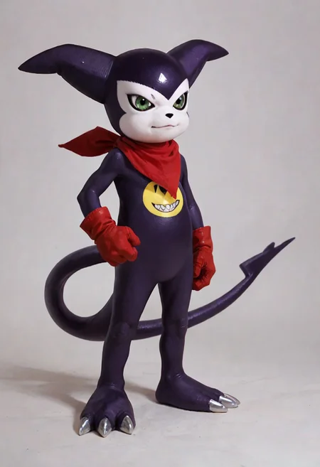 score_9, score_8_up, score_7_up, score_6_up, impmon, digimon (creature), solo, purple skin, green eyes, red bandana, red gloves, tail, realistic
