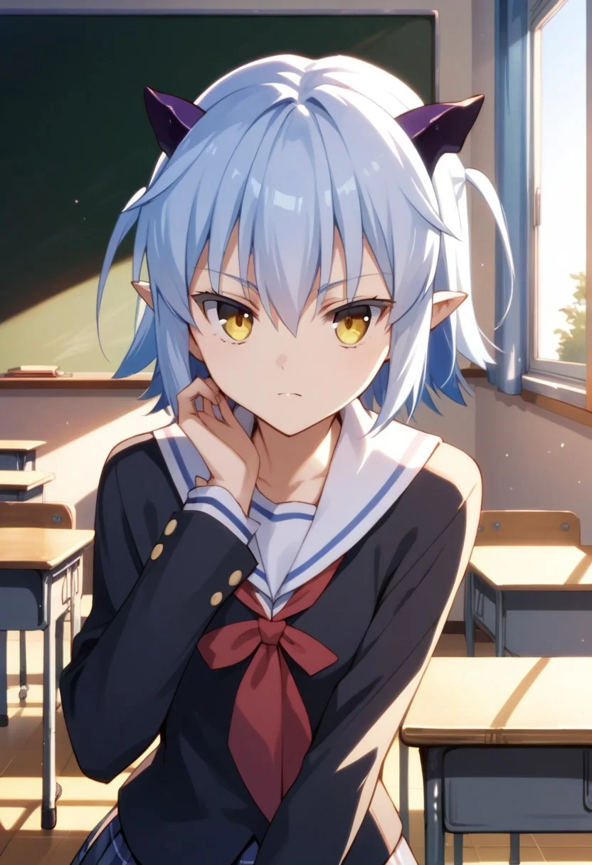score_9,score_8_up,score_7_up,source_anime, Shiroyasha,horns,1girl,solo,student unifrom,student,classroom,