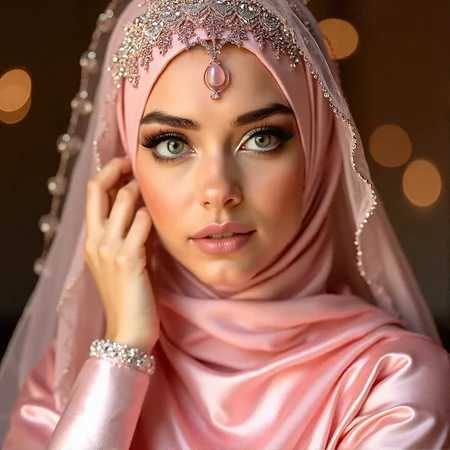 A close-up of a Middle Eastern woman wearing a luxurious pink satin hijab, intricately embroidered with silver and pink jewels. Her light green eyes, framed by perfectly shaped brows and accentuated by dark eyeliner, are captivating. The softly blurred background, with warm bokeh lights, enhances the elegance and mystique of her gaze.

Her characteristics are Smooth, flawless tanned skin with a natural glow. Refined, elegant nose with a delicate bridge.Delicate, minimal makeup emphasizing her natural beauty.Soft, warm-toned eyeshadow complementing her eye color.

Pink satin hijab with intricate silver embroidery along the edges. Delicate veil adorned with tiny, dangling pink gemstones. Jeweled headpiece with a central gem resting on her forehead. Subtle metallic accents in the embroidery, reflecting light.
Long, flowing sleeves with delicate lace trimming. Soft, sheer layer of fabric over the satin, adding dimension. long sleeves past wrist.

Her right hand lightly touches the edge of her veil near her cheek, eyes looking thoughtfully into the distance.







