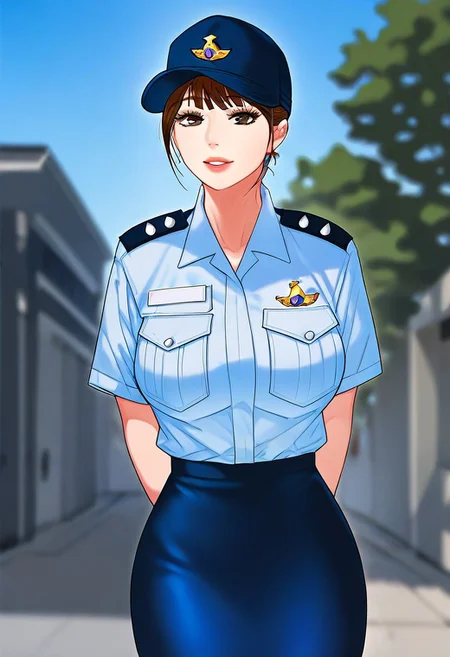 score_9, score_8_up, score_7_up, ASCII masterpiece, source_anime, BREAK, 1girl, solo, (( <lora:yu-yang:1> , yu-yang, thin waist, wide hips, beautiful skin, beautiful dark brown eyes, clear eyes, bright pupils, beautiful eyes, beautiful dark brown hair, very short ponytail, bangs, huge and shaggy breasts, natural beauty, extraordinary beautiful woman, attractive woman, super sexy woman, lustful body, sexy woman with seductive obscene body, sensual body, voluptuous body, sexy beauty, no piercings, no piercing, )), ((female south-korean police uniform, short-sleeves light-blue police shirt with dark blue print with police badge, navy blue pencil skirt, navy blue police baseball cap with badge, )) , looking at viewer, uncensored, sexy pose, beautiful smile, outdoor, park, looking at viewer, horny, seductive, cute pose, cowboy shot, front, hands behind back,