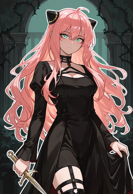 masterpiece, best quality, 1girl, solo, eyelashes, (beautiful eyes),    ,<lora:AdultAnyaIXL:1.0>,  zzAnya, green eyes, hair between eyes, ahoge, pink hair, long hair, hair ornament, hairpods,      standing amidst an overgrown gothic garden, thorns twisting around her boots, dark floral dress flowing like midnight mist, glowing red eyes framed by a golden headband, fingers brushing against a silver dagger strapped to her thigh, black choker accentuating her delicate yet lethal aura, mist rising from the ground, an eerie, dreamlike atmosphere, white outline blending into the haunting abstract background, cowboy shot