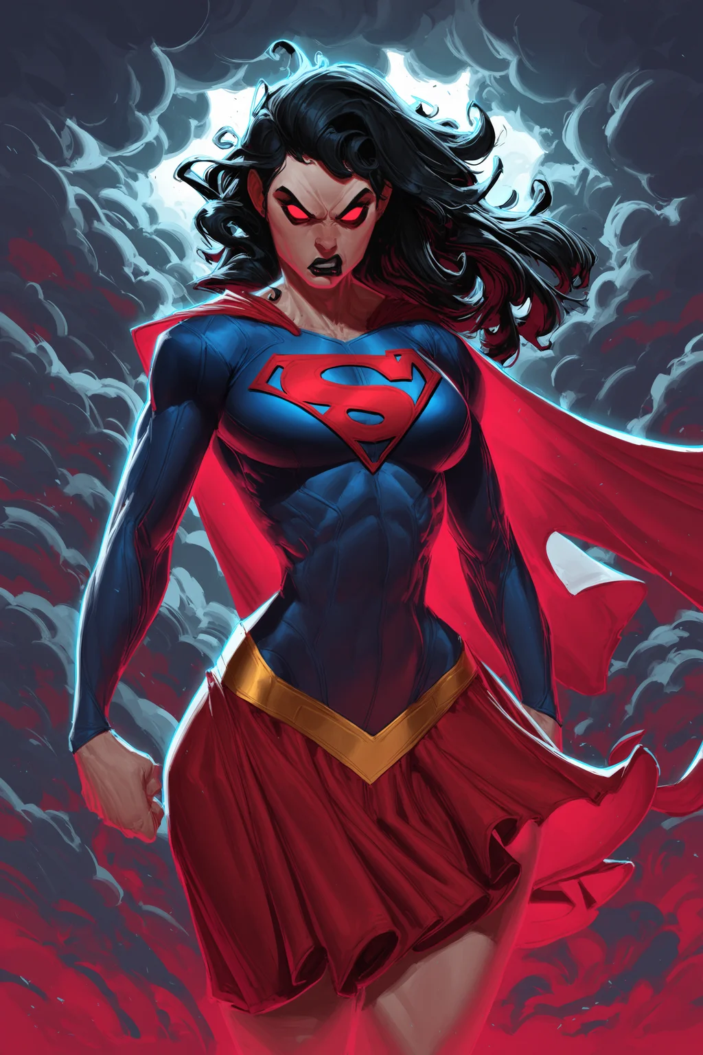 ognjensporin style, cowboy shot of supergirl, athletic, short black hair, wide hips, red skirt, makeup, glowing red eyes, cape, angry, storm clouds,