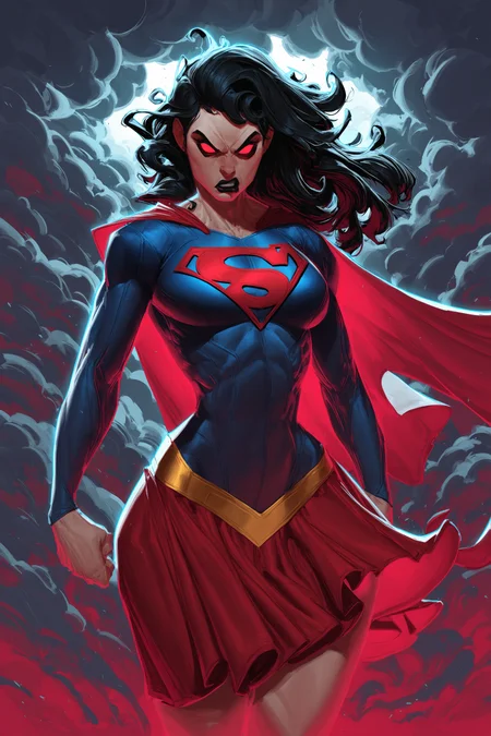 ognjensporin style, cowboy shot of supergirl, athletic, short black hair, wide hips, red skirt, makeup, glowing red eyes, cape, angry, storm clouds,