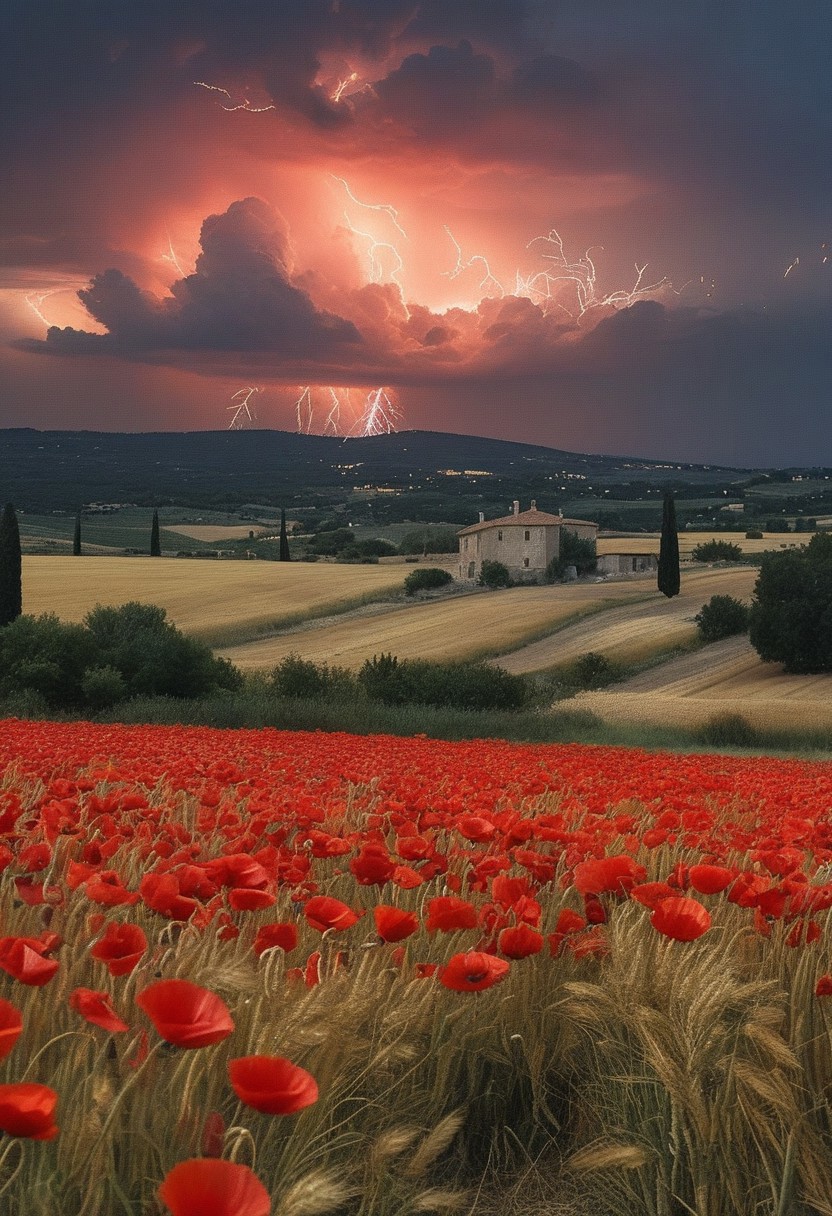 Landscape,Provence poppy fields exploding in blood-red contrast against wheat gold during Heat lightning: Silent flashes illuminating bellies of distant anvils,Dream-engine leak manifesting suburban horrors,
random party of adventurers in landcscape,