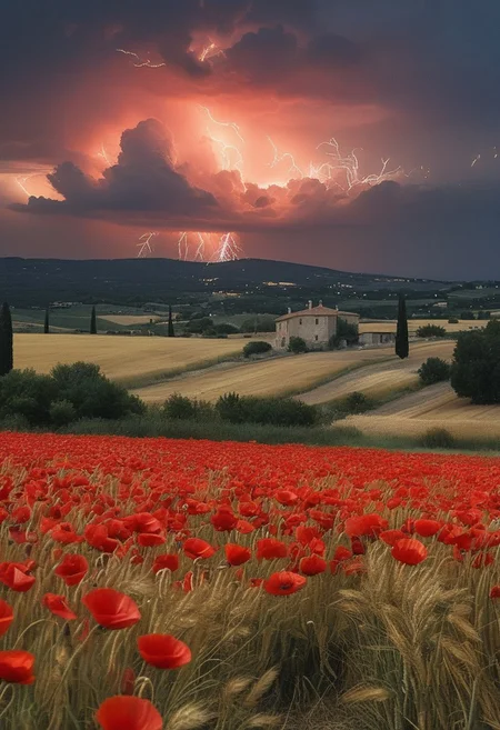 Landscape,Provence poppy fields exploding in blood-red contrast against wheat gold during Heat lightning: Silent flashes illuminating bellies of distant anvils,Dream-engine leak manifesting suburban horrors,
random party of adventurers in landcscape,