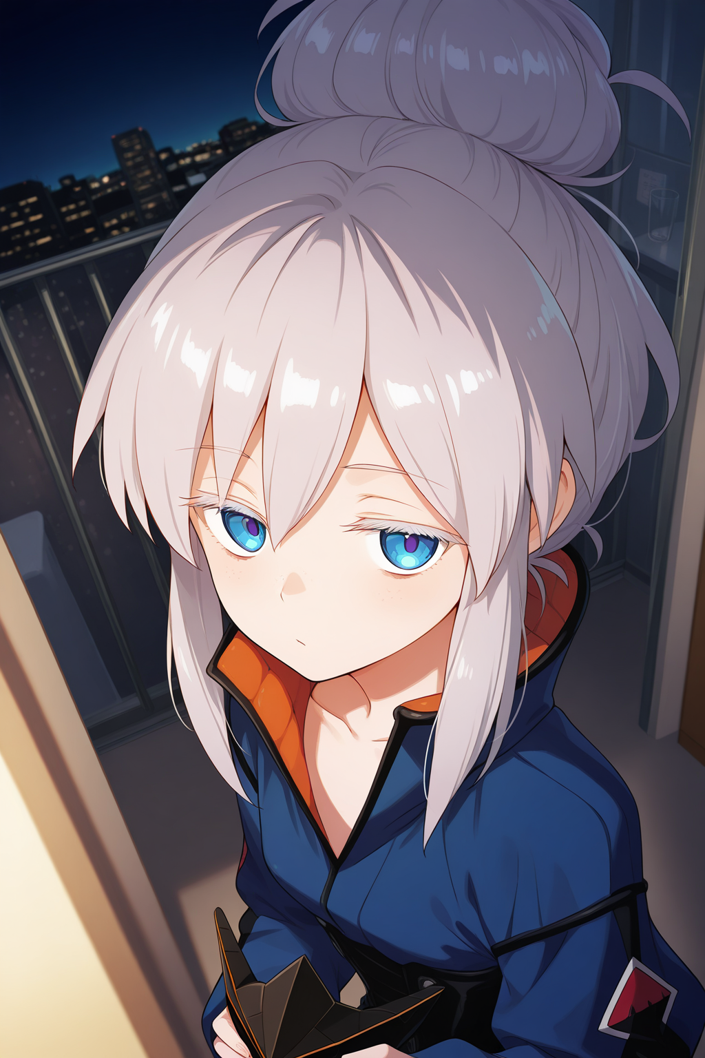 1girl,
DeuxMurasameGundamGQ, DMPilotSuit,
general, solo, perspective, dutch angle, upper body,
grey hair, blue eyes, colored eyelashes, collarbone,
jitome,
unworn mask,
blue bodysuit, 
looking at viewer, holding mask,
night, apartment, glass wall, balcony, soft lighting,
depth of field,
<lora:kp_DeuxMurasameGundamGQIllustrious_v1_0:1.0>,
masterpiece, best quality, amazing quality