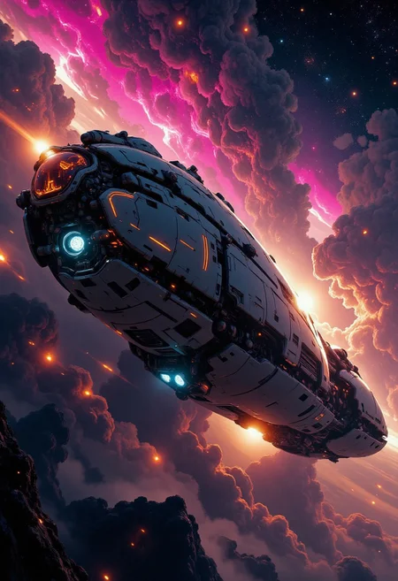 Silhouette-focused artwork of an advanced deep-space exploration vessel, cruising through luminous interstellar dust clouds. The ship is portrayed from a dramatic top-left diagonal angle, partially cloaked in shadow with only edge lighting revealing its ultra-modern contours. A ghostly chiaroscuro palette defines the form—bright white hull streaked with crimson and sapphire, embedded with flickering LED trails and intricate diode networks. The vibrant nebulae behind—radiant clouds of electric pinks, rich oranges, and plasma blues—add otherworldly contrast. The cockpit is visible through faint glass, its interior bathed in cold neon, silhouetting pilots in sharp relief. The entire scene feels like a sci-fi homage to Rembrandt’s lighting with a modern, cyberpunk twist.