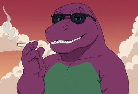 barneydinosaur, score_9, score_8_up, score_7_up, score_6_up, score_5_up, score_4_up, source_furry, hi res, sfw, 2d artwork, solo, 1boy, anime screencap,
anthro, biped, dinosaur, scalie, tyrannosaurus rex,, fat, chubby, purple body, green belly, white teeth, short arms, (two fingers), huge body,
portrait, sunglasses, looking at viewer, from side, smoking, cigarette,
red sky, clouds