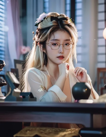 cinematic photo <lora:Director Zhang Yimou style:1> Director Zhang Yimou style a lewd lady with blonde messy hair, wearing glasses and tight skirt with pantyhose, nose blush, half-closed eyes, open mouth, lying on her desk, back down, spread her legs, front view, full body, solo . 35mm photograph, film, bokeh, professional, 4k, highly detailed