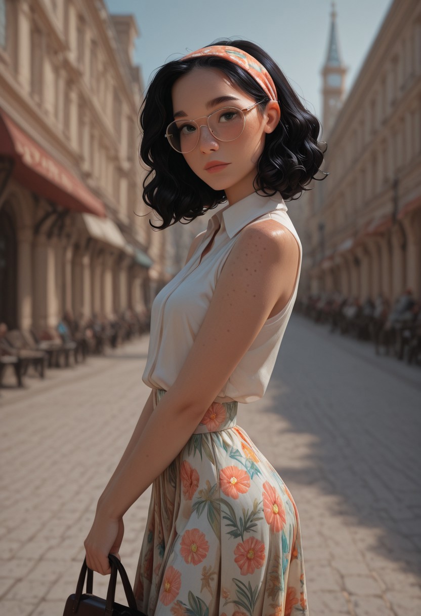 masterpiece, ultra-HD, cinematic lighting, photorealistic, high detail, depth of field, (blurred background), (dappled lighting), best quality, very aesthetic, 8k, mmasterpiece, best quality, 8k, light particles, 1girl, short curly black hair, headband, round face, petite, freckles, body freckles, looking at viewer, dramatic pose, skindentation, outdoors, paris, sleeveless write collared top, sun glasses, view from side, hand bag, flowy colorful print skirt,
